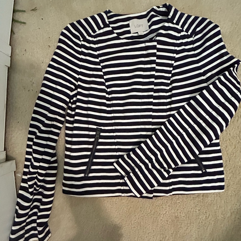 LOFT Women's Striped Jacket - Navy and White
